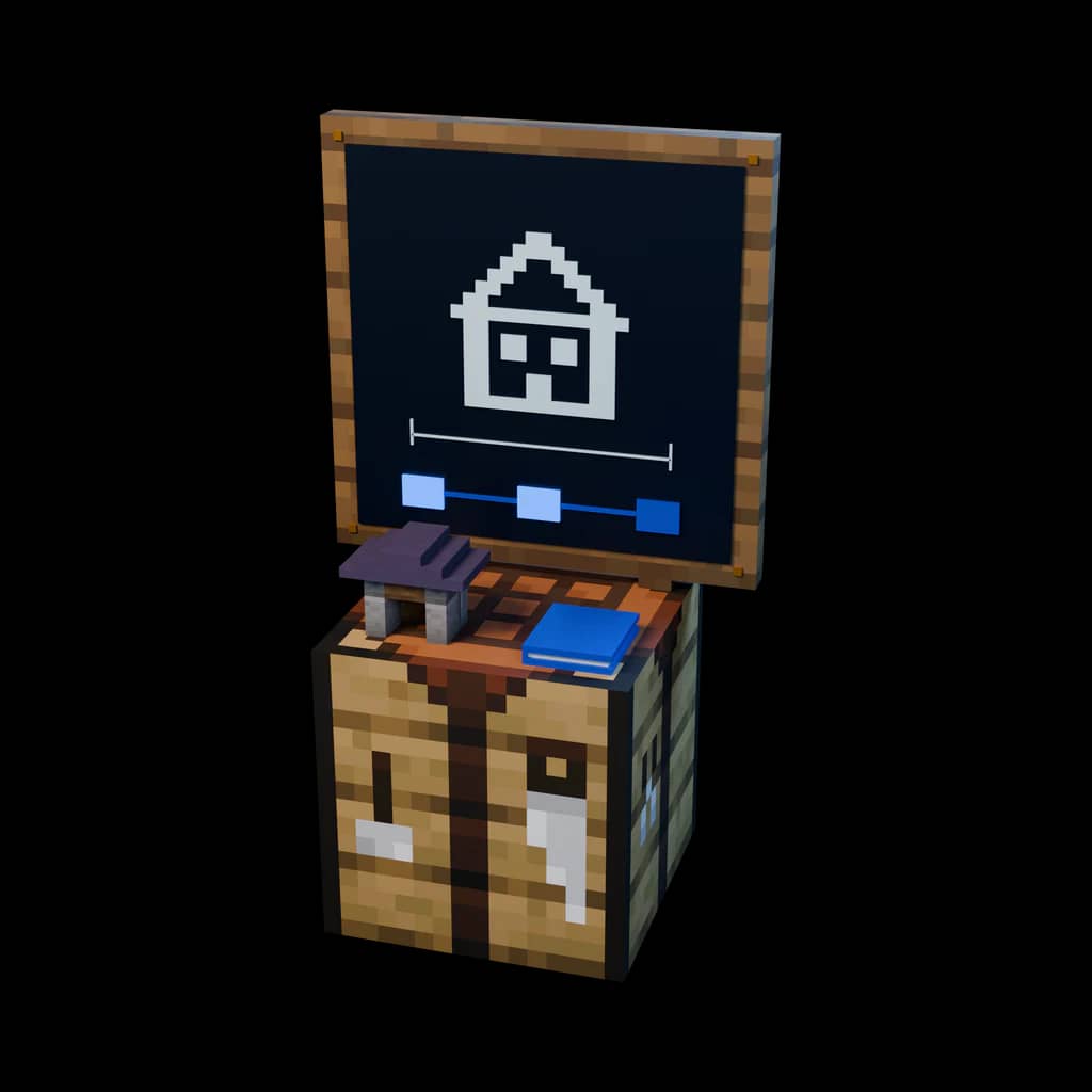 Minecraft-Werkbank mit Bauplan, Fortschrittsanzeige und Architekturmodell