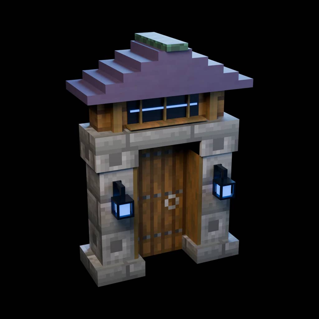 Detailliertes Minecraft-Torhaus mit Holztor und leuchtenden Laternen