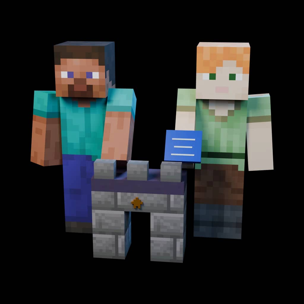Zwei Minecraft-Builder arbeiten gemeinsam an einem kleinen Burgmodell