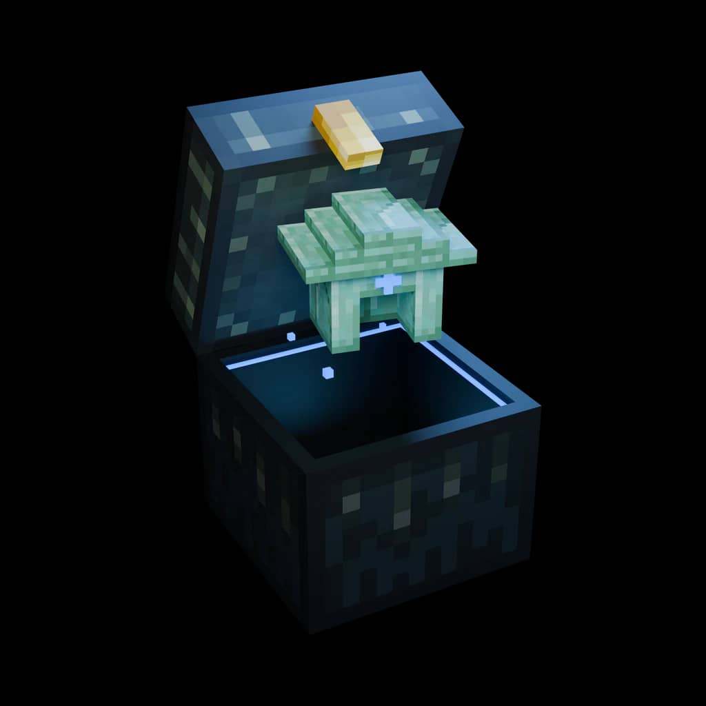 Geöffnete Minecraft-Endertruhe, aus der ein neues Baumodul erscheint